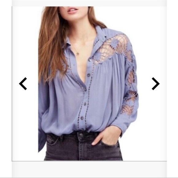 Free People Tops - Free People Katie Bird Lace Crochet Inset Blue Button Down Blouse, XS